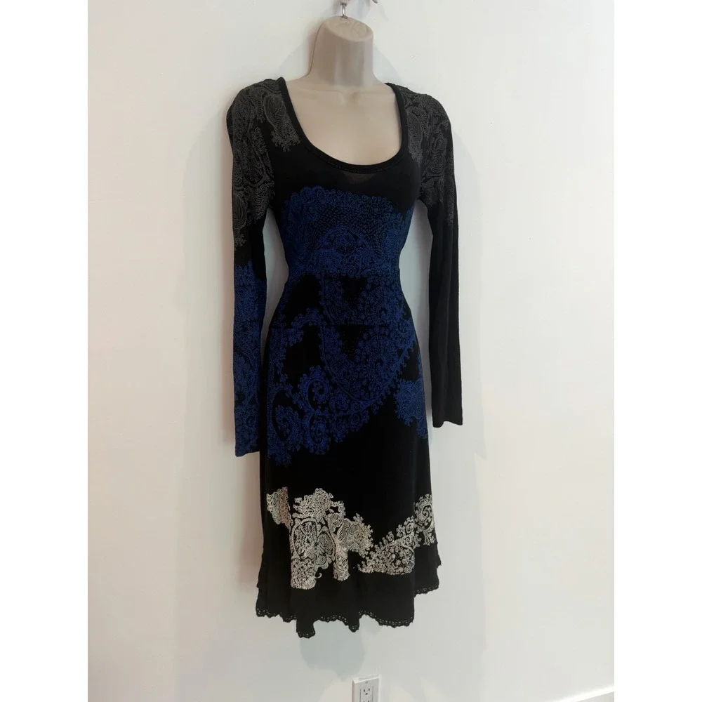 Desigual Y2K Dress Black Paisley Sz M Embroidered Long Sleeve Whimsigoth Euro - Picture 4 of 9